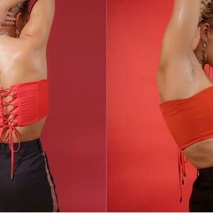 Wildfang Bright Red Strapless Corset Top with Lace-Up Back Side Zipper $98 2X